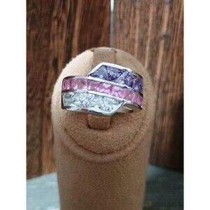 FAS Pink Sapphire Amethyst Cubic Zirconia Sterling Silver Bling Ring Sz 7